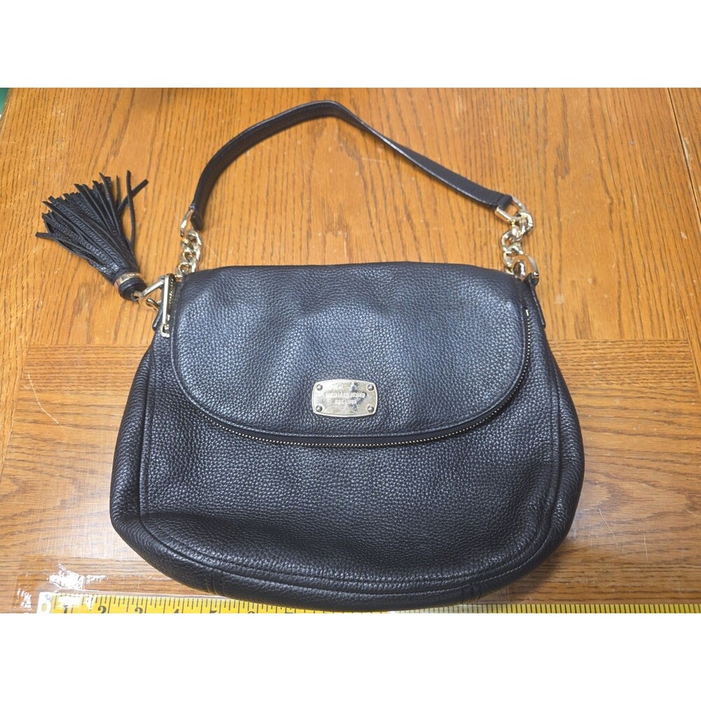 Michael Kors Bedford Black Pebbled Leather Shoulder Bag Gold Hardware